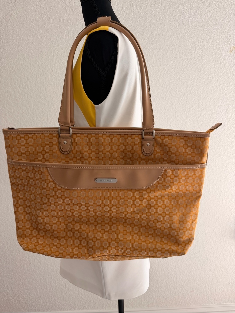 Nine West Mustard Yellow Beige Geometric Tote Bag | Tan Leather Trim Carryall